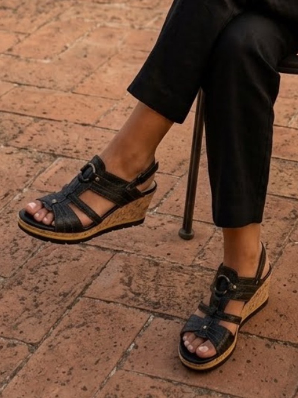 Bussola T Wedge Genuine Leather Black Cork Sandals